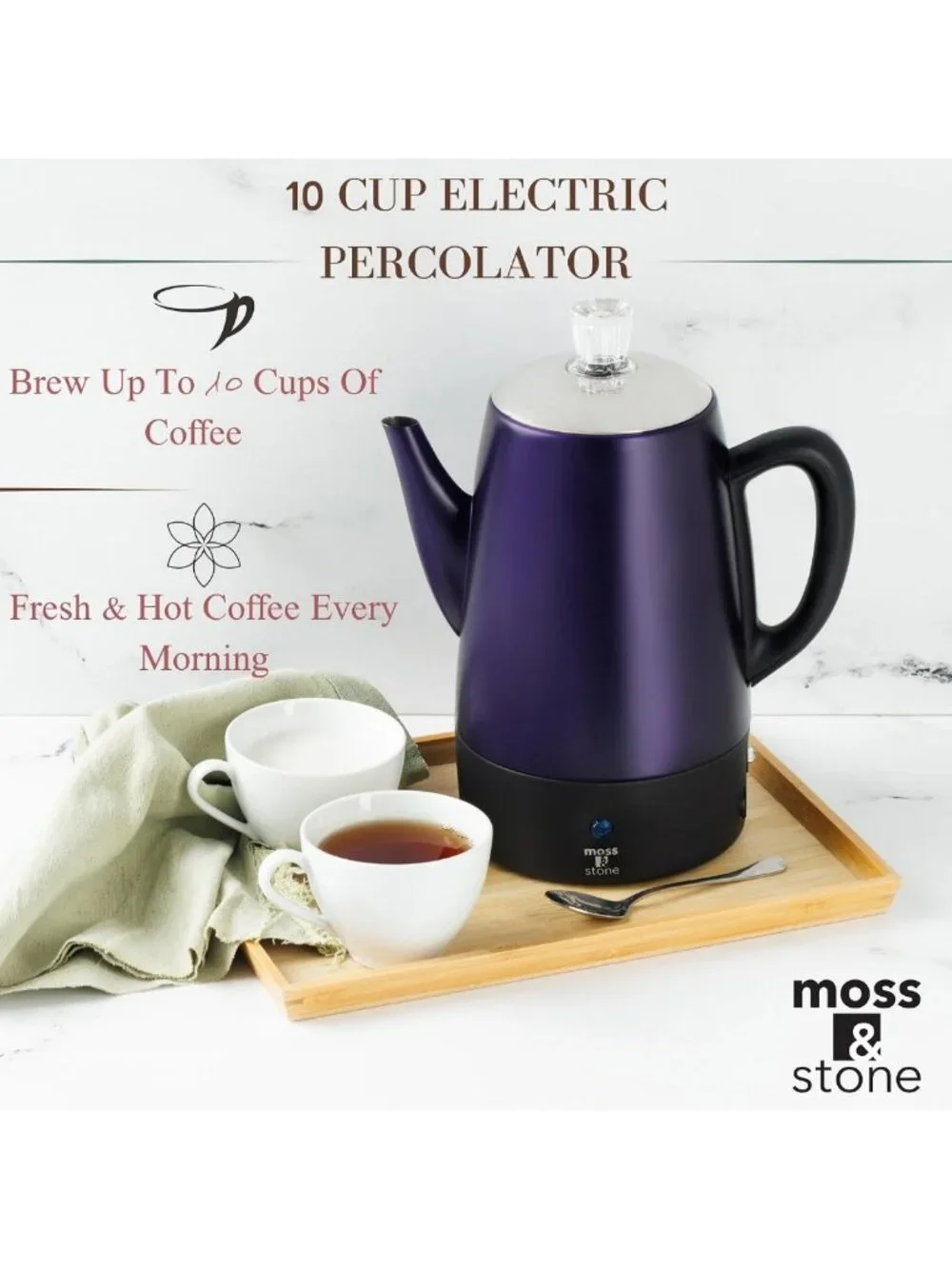 10-Cup Purple Electric Percolator Coffee Pot - Stainless Steel, Fast Brewing